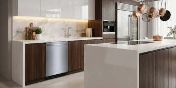 Bosch 800 Series SHX78CM5N dishwasher with bar handle in luxury contemporary kitchen