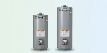 AO Smith ProLine GUC-40 and GUR-50 water heaters side-by-side comparison showing 40-gallon and 50-gallon models with Ultra-Low NOx technology