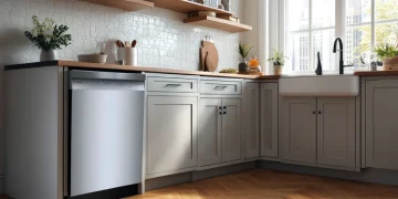 Bosch 100 Series stainless steel dishwasher installed in modern kitchen with gray cabinets and wood countertops