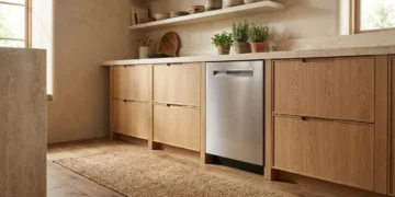 Bosch 800 Series SHP78CM5N dishwasher in a warm minimalist kitchen with light oak cabinets