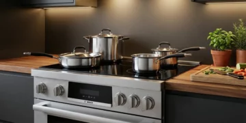 Bosch induction cooktop with Nutri-Stahl stainless steel cookware set in modern kitchen