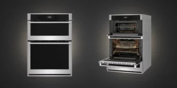 electrolux-ecwm3011as-combo-oven-two-angle-black-friday Electrolux ECWM3011AS 30-inch wall oven microwave combo showing closed stainless steel exterior and open dual interiors with copper racks