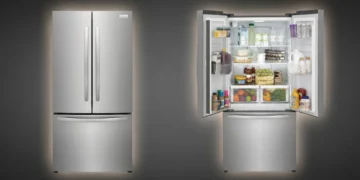 frigidaire-frfg1723av-counter-depth-french-door-refrigerator Frigidaire FRFG1723AV 32-inch counter-depth French door refrigerator showing brushed steel exterior and spacious 17.6 cu ft interior