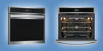 Frigidaire GCWS3067AF 30-inch wall oven showing stainless steel exterior and spacious interior with convection fan