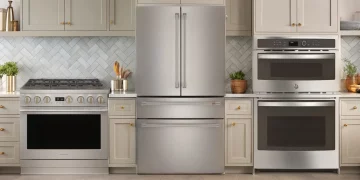GE Profile wall oven, Monogram induction range, and Café fridge displayed together in a modern kitchen
