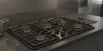 GE JGP3036DLBB black gas cooktop installed in modern kitchen countertop showing real-world installation and scale