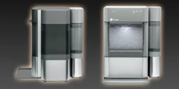 ge-profile-opal-ice-maker-stainless-steel-side-tank-nugget-ice GE Profile Opal XPIO13SCSS nugget ice maker showing stainless steel design with side water tank and full ice bin