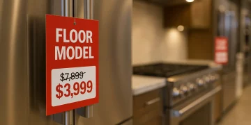Red floor model sale tag showing $7,899 crossed out with $3,999 price on stainless steel refrigerator in appliance showroom