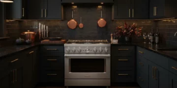 KitchenAid KFDC506JSS professional range installed in modern luxury kitchen with dark cabinetry and copper accents