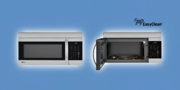 LG LMV1764ST 1.7 cu ft stainless steel over-the-range microwave showing closed exterior and open door interior capacity