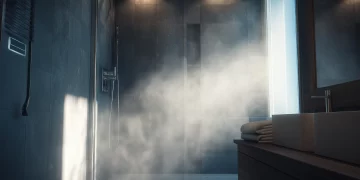 Steam-filled luxury shower with rainfall showerhead showing hot water in action