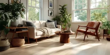 Premium light wood flooring in bright modern living room with cream sofa and natural lighting