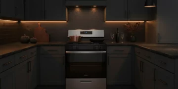 Whirlpool WFG320M0MS gas range installed in modern dark kitchen with ambient lighting and contemporary cabinetry